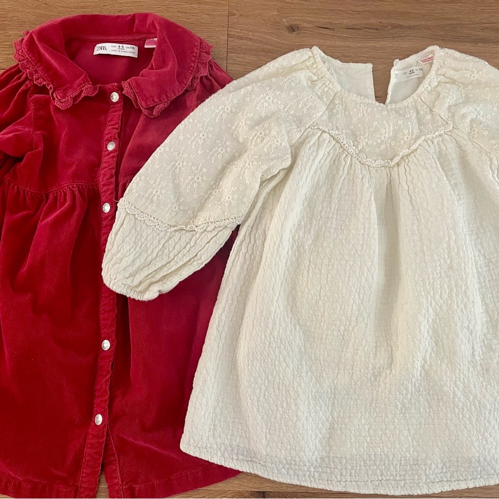 Zara Red and Ivory dresses with Textured Corduroy and Embroidered Details